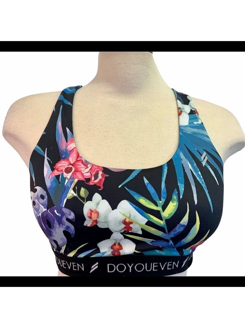 DOYOUEVEN black multicoloured floral tropical crisscross back sports bra Sz L - Picture 4 of 10